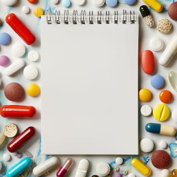 A spiral notebook surrounded by colorful pills rests on a blue background