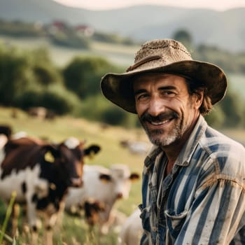 A farmer in overalls and a hat, standing amidst cattle in a serene rural setting