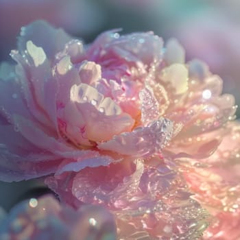 A dew-covered pink peony with soft focus and bokeh effect