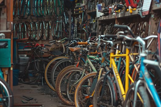 Close up of vintage bicycles in a bicycle repair shop
