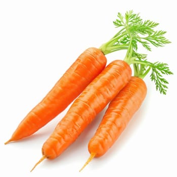 Bunch of fresh, vibrant orange carrots with green tops, isolated on a white background