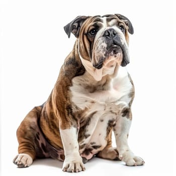 Cute bulldog sitting and looking at camera on white background