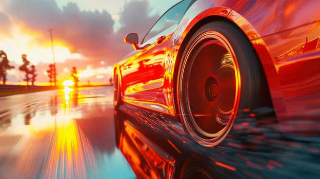 Low angle side view of car driving fast at sunset with motion speed effect. AI generated