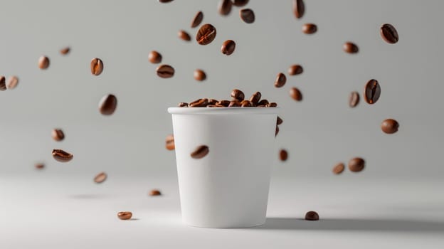 Aromatic roasted coffee beans falling into white paper cup. AI generated