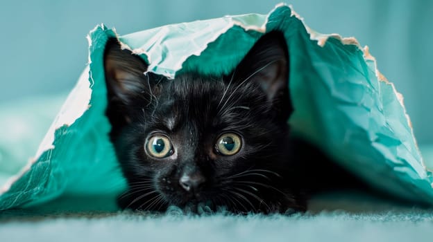 The cute black kitten under blue paper. Funny pets. AI generated