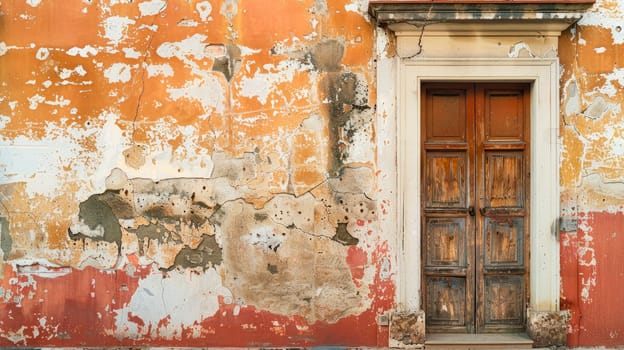 Vintage front wooden door and a weathered wall with peeled paint. AI generated