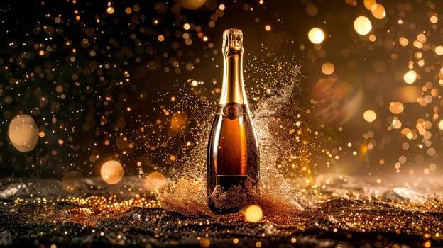 Golden splash over a full Champagne bottle. Celebration background. AI generated