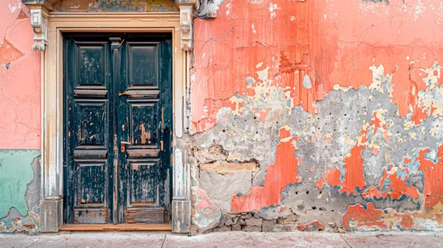 Vintage front wooden door and a weathered wall with peeled paint. Old house facade. AI generated
