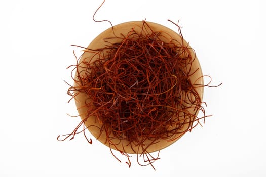Top viewRed hot dried chili threads isolated on white background