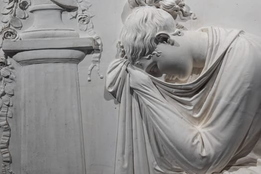 Possagno, Italy - June 2022: funeral sculpture by Antonio Canova. Marble memorial on tombstone