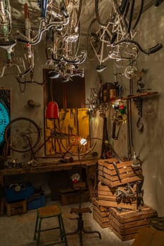 Old bicycle repair shop. Fixing mechanic issues in a garage, bike maintenance