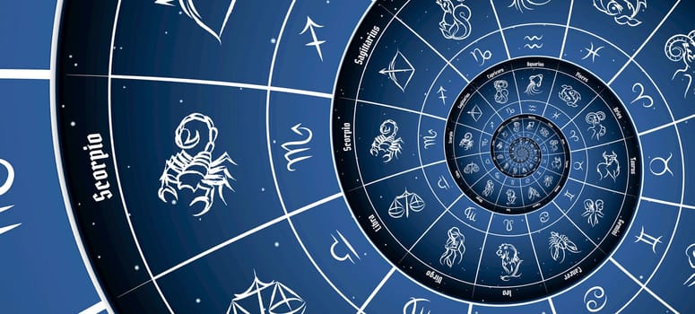 Blue astrological background. Concept of horoscope, mystery, magic, astrological sign. Nobody.