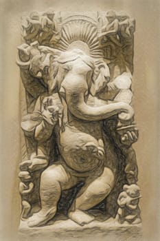 Ganesha illustration. Induism religion - elephant god, Indian traditional culture