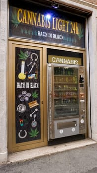 Rimini, Italy - June 25, 2024: Sale of cannabis and other herbs in jars as a souvenir in the store at Rimini, Italy on June 25, 2024