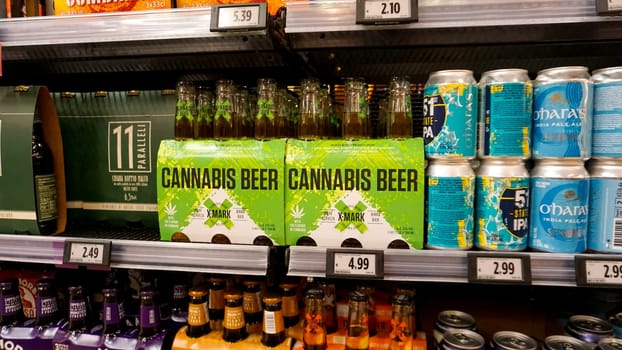 Rimini, Italy - June 25, 2024: The sale of products and drinks with addition of hemp cannabis at Rimini, Italy on June 25, 2024: