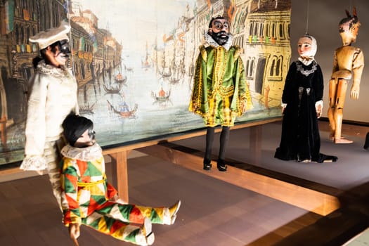 Old puppets theater. Vintage figure, traditional marionette, retro show