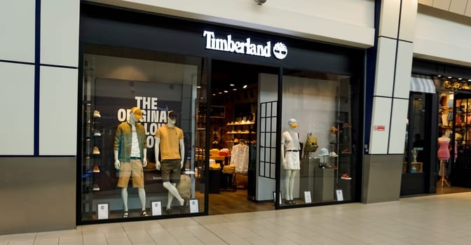 Rimini, Italy - June 25, 2024: Signage from a Timberland store at Rimini at Italy