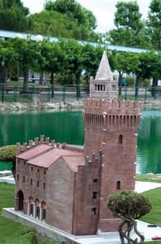 Viserba, Italy - June 25, 2024: Castello estense di Ferrara at Theme park Italy in Miniature or Italia in Miniatura in Rimini, Italy - Reproduction of famous attractions in a small scale