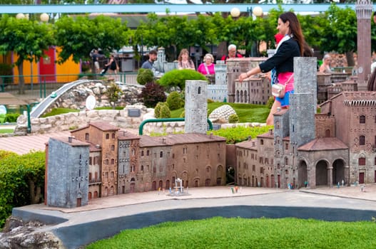 Viserba, Italy - June 25, 2024: San Gimignano at Theme park Italy in Miniature or Italia in Miniatura in Rimini, Italy - Reproduction of famous attractions in a small scale