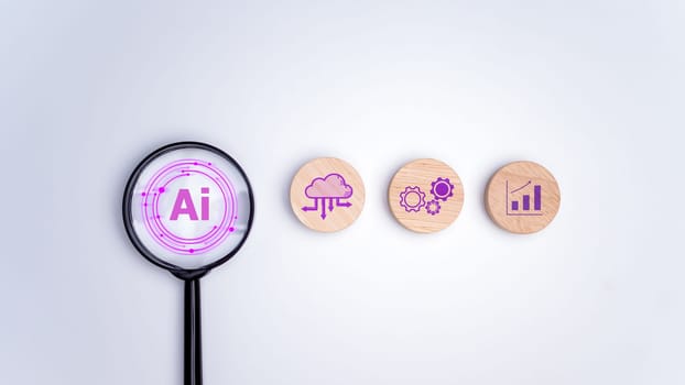 The concept of searching for information in technology with AI systems, Magnifying glass focus AI artificial intelligence technology for technology smart robot science, Innovation futuristic.