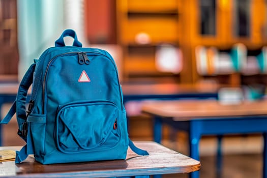 Blue school bag on a desk in the classroom. Back to school concept. AI generated