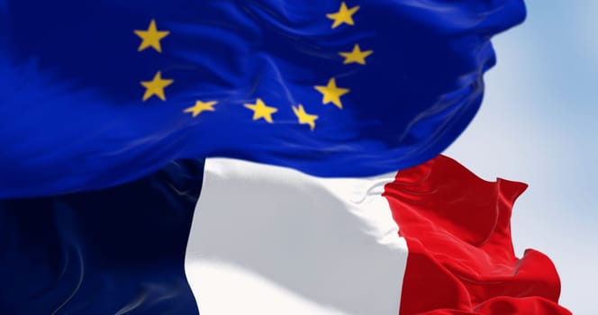 Close-up of France flag and European Union waving on a clear day. France became a member of the European Union on January 1, 1958. 3d illustration render. Selective focus. Fluttering fabric