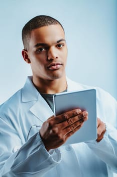 Individual in a white lab coat, holding a tablet with a focused look. He is a data scientist passionate about deep learning, LLMs, data science, big data, and statistical analysis