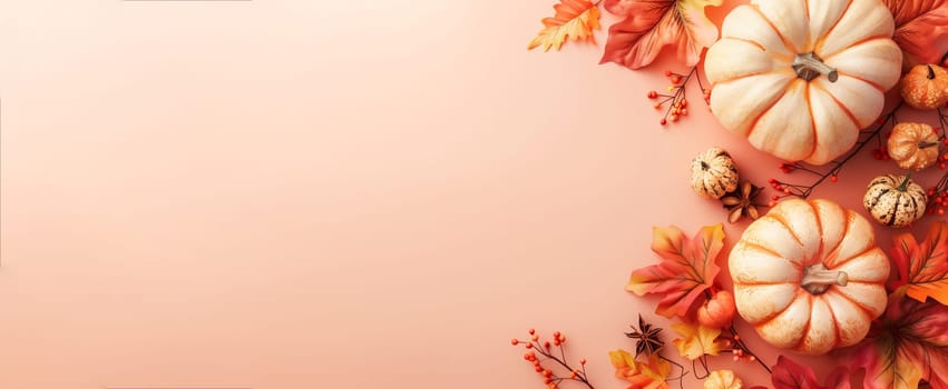 Thanksgiving background, pumpkin and autumn foliage, banner with copy space, holiday season