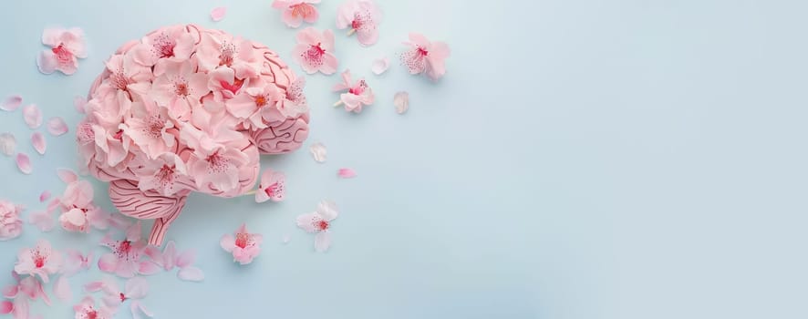 Human brain with pink cherry blossoms, self care, mental health concept, positive thinking, creative mind, wellbeing, healing of body and soul