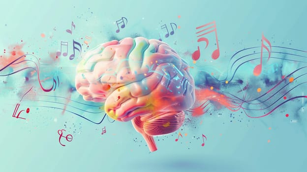 Human brain with vibrant melody wave and music notes, self care and mental health concept, positive thinking, creative mind