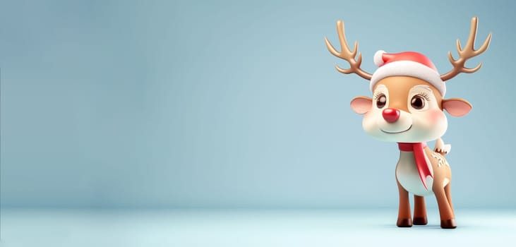 Reindeer with a red scarf, merry christmas holiday greeting card, winter season, blue color, xmas