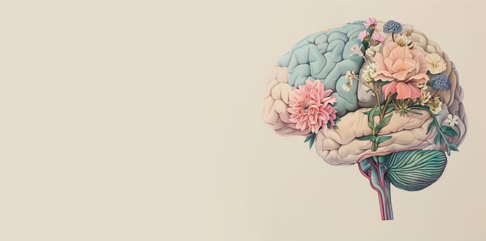 Human brain, mental health concept, positive attitude and inspiration, creative thinking mind, flowers, pastel color