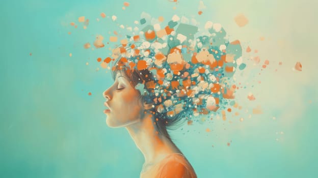 Woman colorful splashes, creativity explosion, positive thinking, self identidy and wave of imagination, consciousness of mind