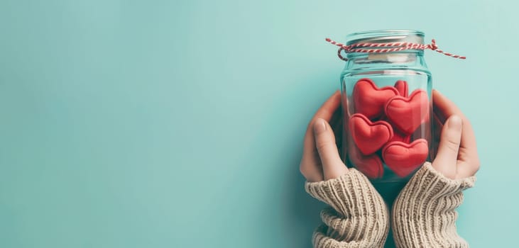 Hands holding a jar with red hearts, love and emotion concept, thank you, help and charity, christmas gift, valentine