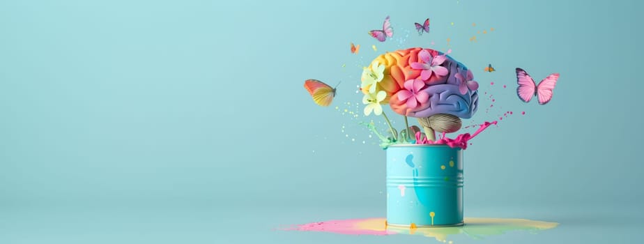 Human brain, rainbow color splash from a paint can, butterflies flying from mind, mental health concept, positive optimism thinking, creative idea