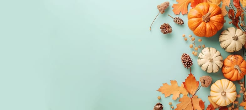 Thanksgiving background, pumpkin and autumn foliage, banner with copy space, holiday season