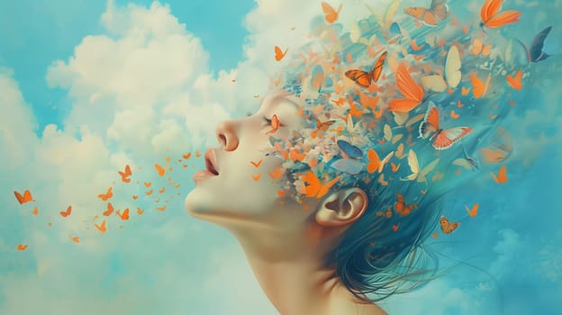 Human brain with butterflies, self care and mental health concept, positive thinking, creative mind