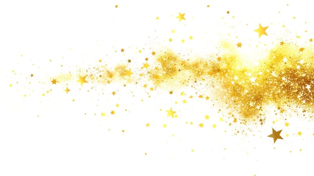 Golden stars and glitter explosion cloud, confetti splash, twinkling scattered star dust and particles, isolated white background