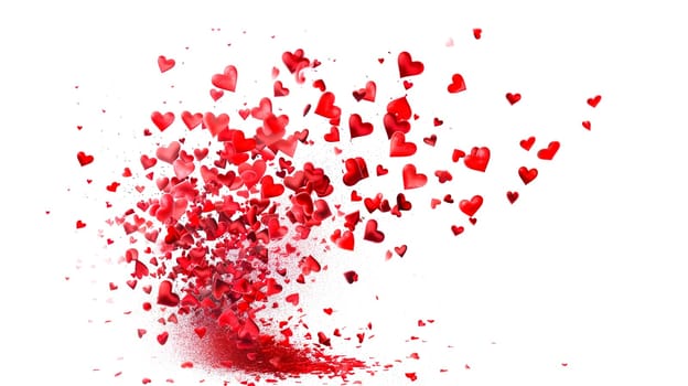 Red hearts explosion cloud, vibrant color confetti splash, love and emotion, heart particles, valentine day, isolated white background