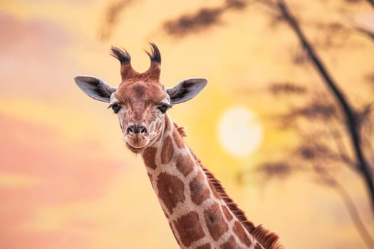 Young giraffe against sunset background. Photography taken in France