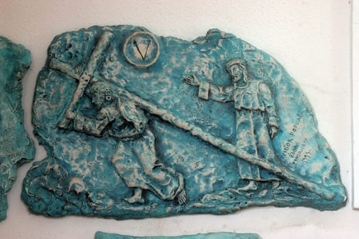 5th Stations of the Cross, Simon of Cyrene carries the cross, parish church of the Blessed Virgin Mary Help of Christians in Ivanec Bistranski, Croatia