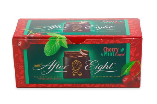 HUETTENBERG, HESSEN,GERMANY 01-03-2024- After Eight dark chocolate with white mint cream filling inside brand product pack on white background