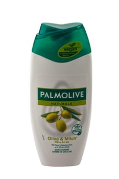 HUETTENBERG, GERMANY - MARCH 18, 2024: PALMOLIVE shower gel bottle brand product on white background.