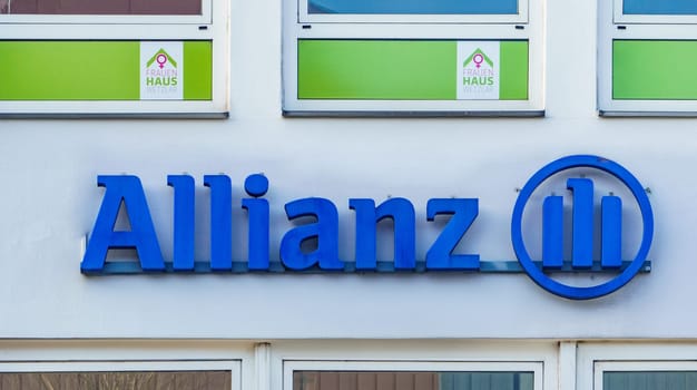 WETZLAR, HESSEN, GERMANY - 03-01-2024: ALLIANZ sign on a wall. Allianz is a European financial services company headquartered in Munich, Germany