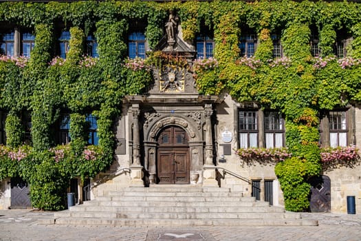 GERMANY, QUEDLINGBURG - September 06 -2023: Antique brown wooden door from historic Town Hall in Quedlinburg.