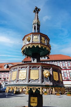 WERNIGERODE, GERMANY - September 5, 2023: Famous fountain called Wohltäterbrunnen in Wernigerode, Germany.