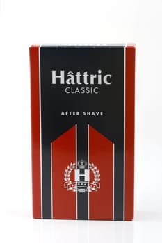 HUETTENBERG, HESSE, GERMANY - 03-24-024: Bottle of hâttric classic after shave. Hâttric brand was launched in 1963 by the company Olivin and has an illustrious history.