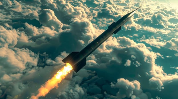 A military missile flying in the sky, rocket launch. AI generated