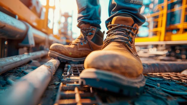 Close up feet wearing work shoes, which are safety shoes with steel inside to prevent injuries. Selective focus. AI generated