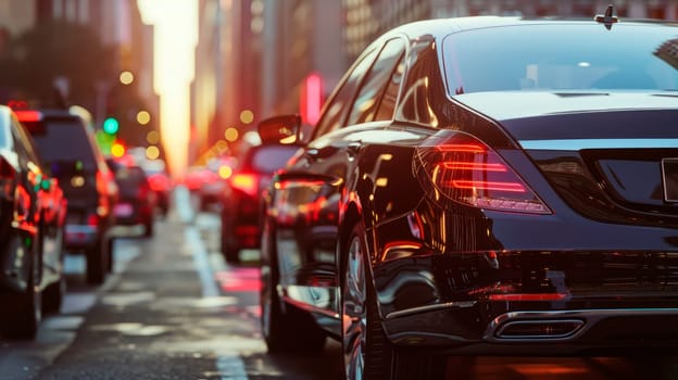 Close-up of the taillight of a black car. Blurred traffic jam and brake lights on the evening street, back view. AI generated
